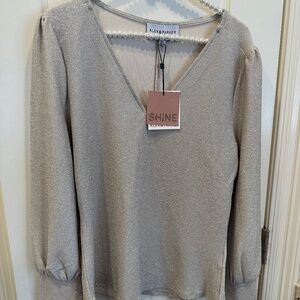 Alex & Parker Woman’s Metallic Ivory Silver Long Sleeve Blouse Size XL